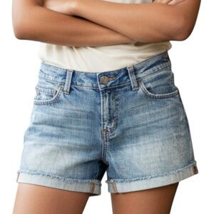 Fox Racing Denim Shorts, slightly distressed, 5 pocket, cuffed, med wash, Sz 5